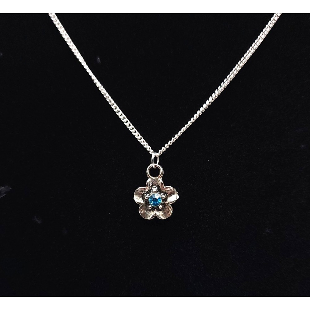 Silver Flower Pendant Necklace Blue Rhinestone Adjustable